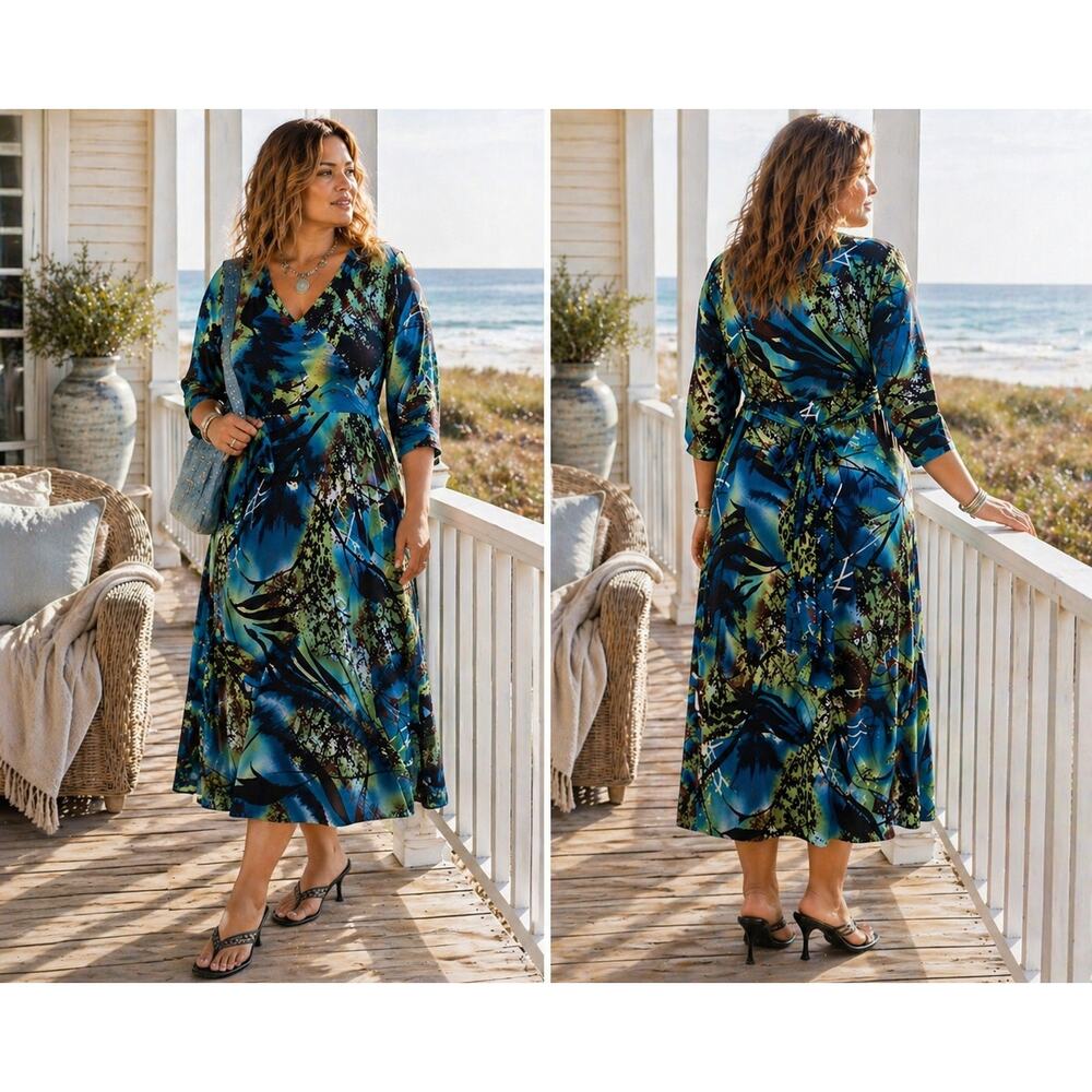Hypnotik 1X Plus Dress Abstract Watercolor Blue Green 3/4 Sleeve Babydoll Y2K